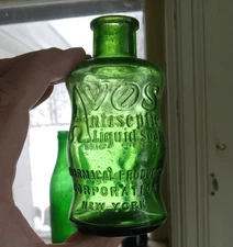 EMERALD GREEN AVOS ANTISEPTIC LIQUID SOAP NY UNIQUE SHAPE EARLY 1900 BOTTLE