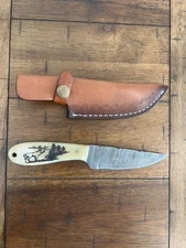 8" CUSTOM HANDMADE DAMASCUS MOSE ENGRAVING BONE HANDLE WITH LEATHER SHEATH 107