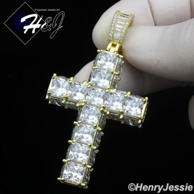 925 STERLING SILVER FULL ICY BAGUETTE CZ 3D GOLD PLATED BIG CROSS ...