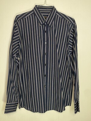 bcbg dress shirt BCBG Max Azria Mens L Blue Dress Shirt Long Sleeve Button Collar White Striped