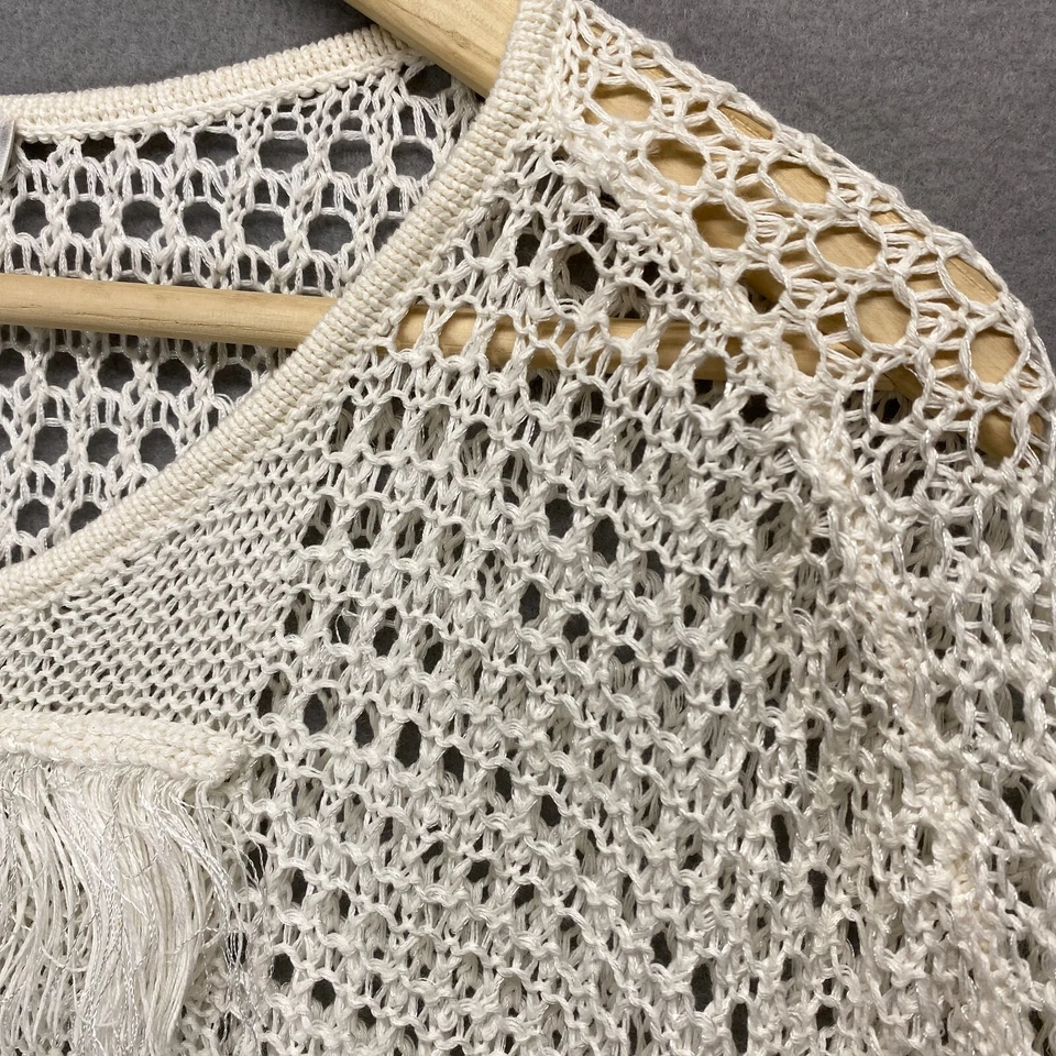 Poncho Suéter Trina Turk Mujer Medio Blanco Tejido Abierto Flecos Foto 4 de 4