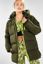 Fabletics Womens Large Puffer Coat Jacket Maia Voyage Green Athleisure Long