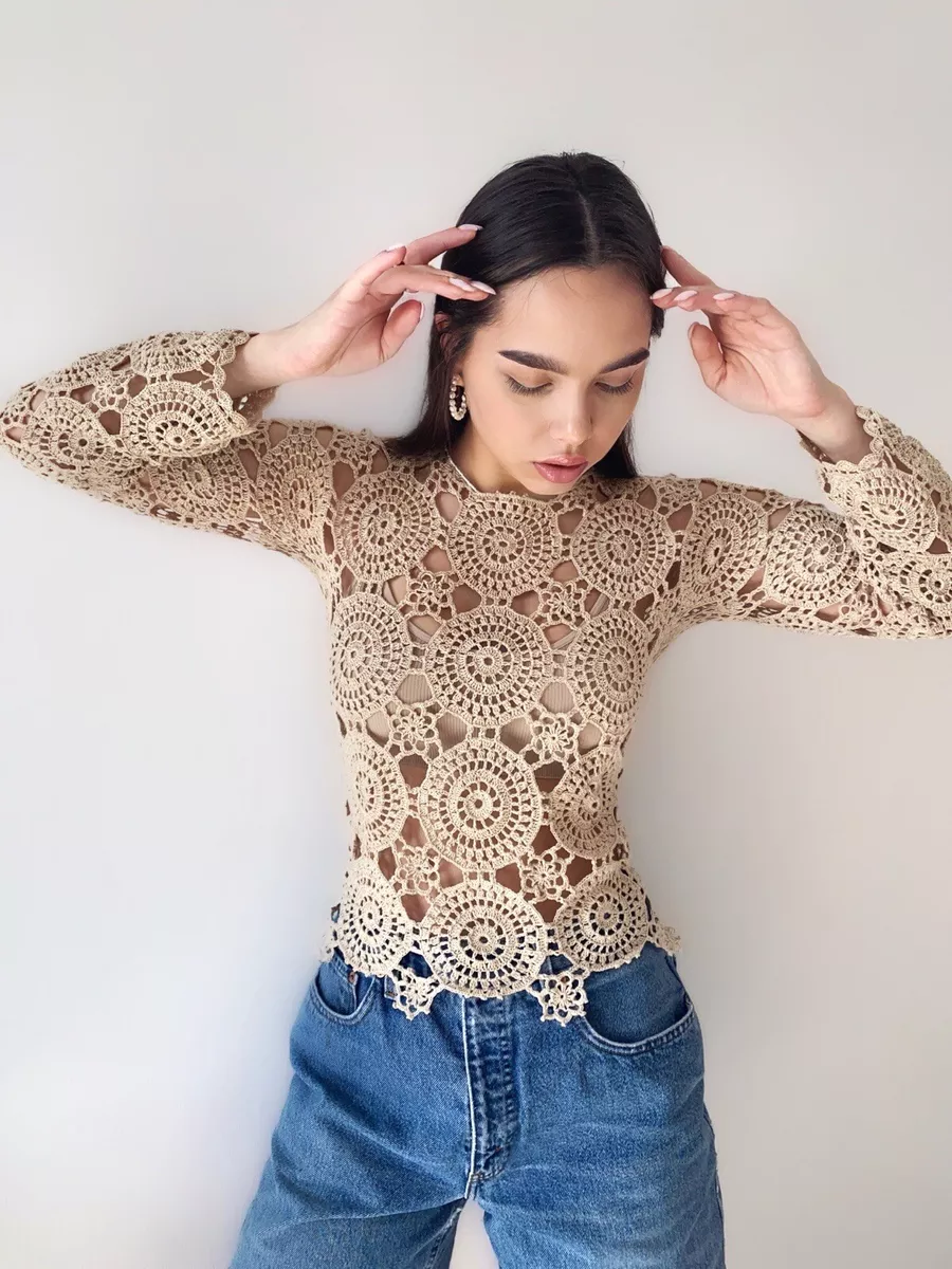 Crochet beige blouse Lace crochet top Long sleeve top 70s Boho Women