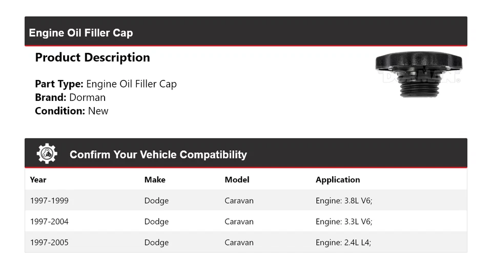 Tapa de llenado de aceite de motor Dodge Caravan Dorman 1997-2005 1998 1999 2000 2001 Foto 2 de 4