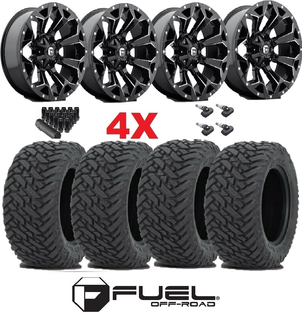 FUEL ASSAULT BLACK WHEELS RIMS TIRES 275 55 20 GRIPPER AT FIT