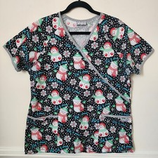 UA Scrubs Let It Snow Snowman Hat Scarf Black Red Women Pockets Scrub Top M/L