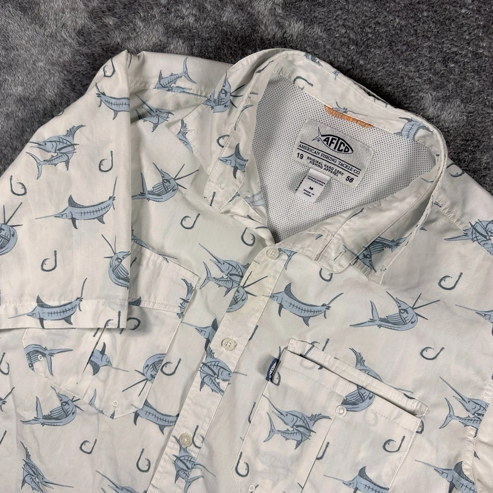 AFTCO Hemd Herren Medium weiß AF Tech Stretch AOP Performance belüftet Angeln