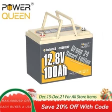 Power Queen 12V 100Ah Bluetooth Group 24 LiFePO4 Battery BMS for Solar RV Marine