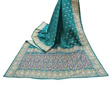 Indian Vintage Green Heavy Saree Pure Satin Silk Hand Embroidered Banarasi sari