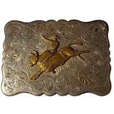 Vintage Diablo Sterling Silver Hand Made Engraved Bull Rider Western Belt Buckle
