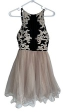 Vintage Blondie Nites Mini Formal Dress Sz 5 Black Cream Appliqué Floral Ruffle