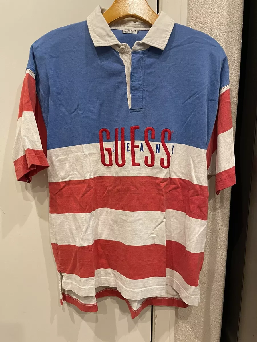 VINTAGE 90s Guess Jeans Short Sleeve Rugby Polo Striped Shirt Mens Large VINTAGE 90s Guess Jeans Short Sleeve Rugby Polo Striped Shirt Mens Large