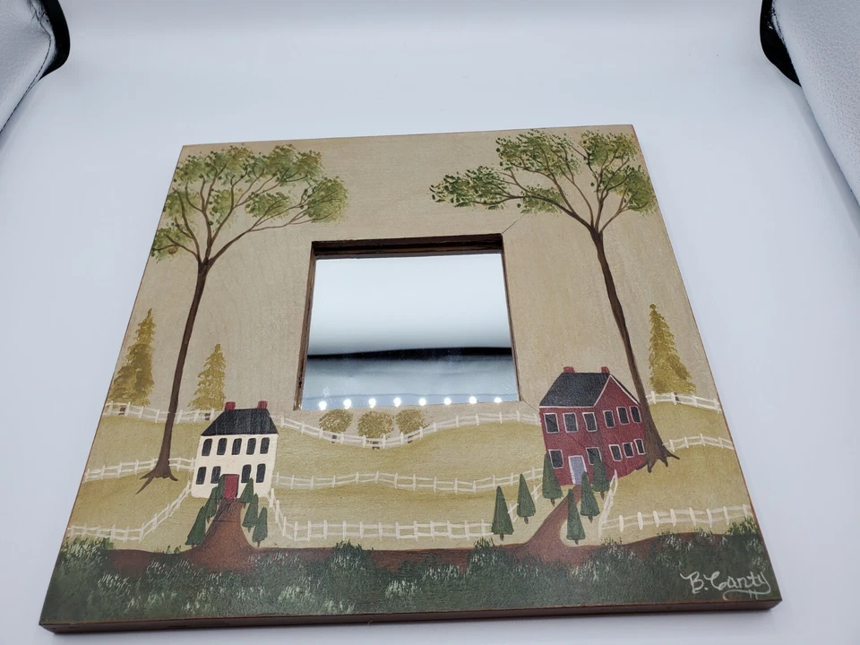 Espejo colgante enmarcado colonial escena campestre pintado a mano 10 x 10 por B. Canty  Foto 2 de 4