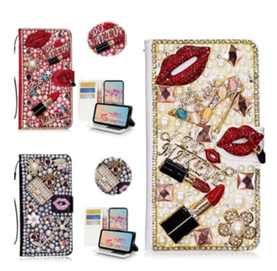 Lips Heart Leather Bling Diamond Glitter Wallet Case Card Rhinestone Phone Cover