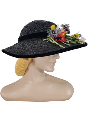 Vintage 40s 50s Navy or Black Wide Brim Straw Picture Hat  display picture 3