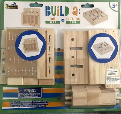 New - Fun Project Kids Wooden Build A Tic Tac Toe Game & Coin Bank Kits - Age 5+