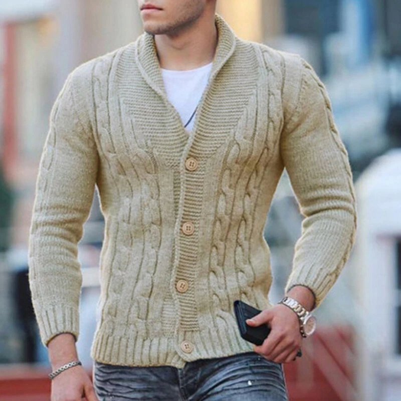 Mens Knitted Shawl Collar Cardigan Sweater Braided Jacket Thermal