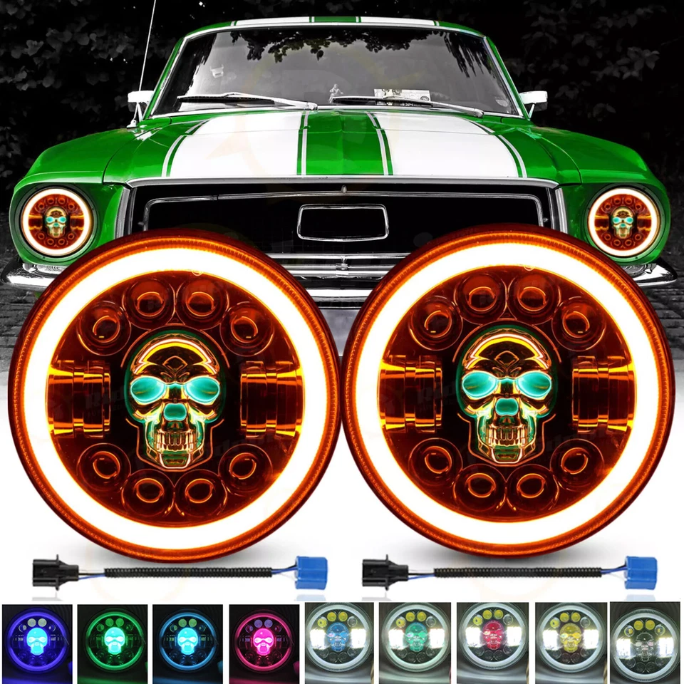 一对 7 英寸圆形 RGB 骷髅 LED 车头灯光环 DRL 适用于福特型号 A 1930 1931 — 第 2/4 张图片