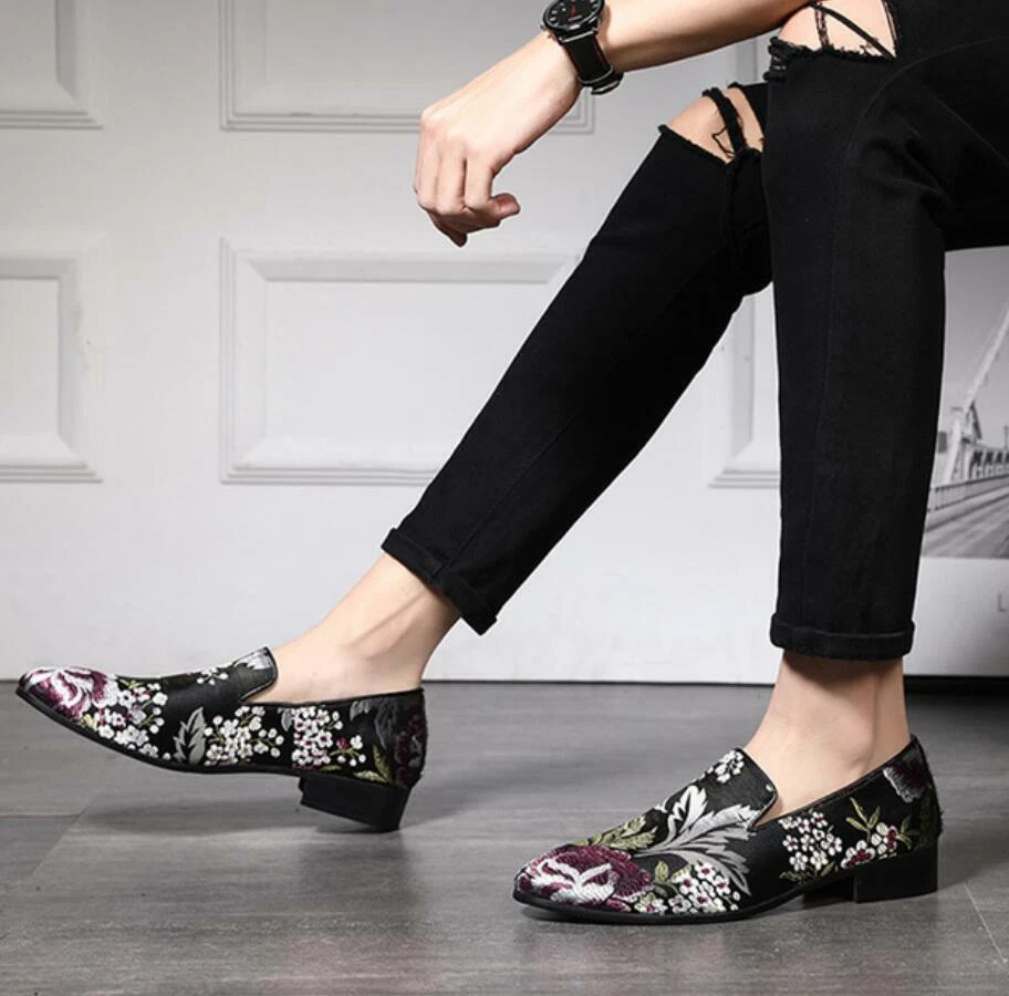 Men s Pointed Toe Embroidery Floral Loafers Casual Party Dress