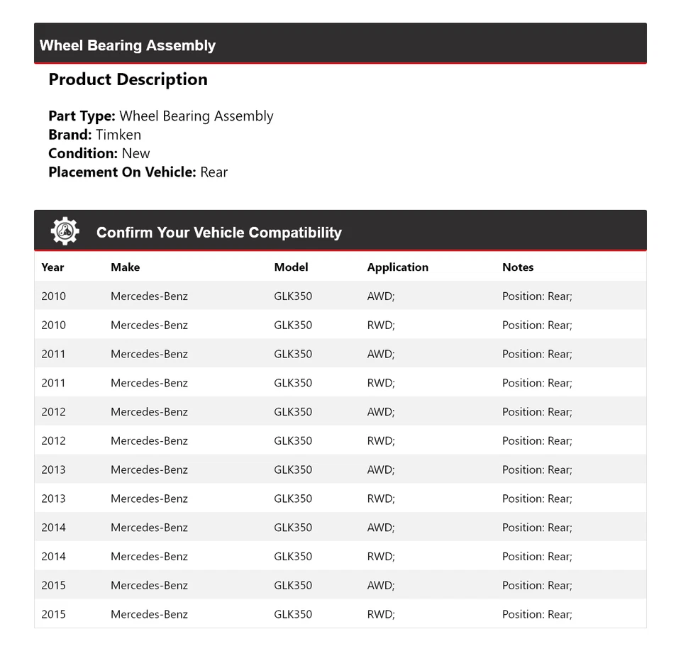 Conjunto de cojinete de rueda trasero Timken 2011 2012 para Mercedes-Benz GLK350 2010-2015 Foto 2 de 4