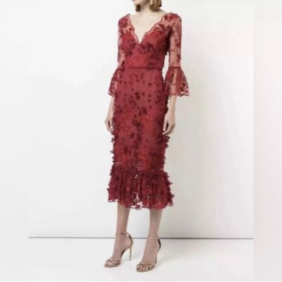 Marchesa Notte 3D Appliqu Flowers Cocktail Midi Dress In Burgundy Red Sz 2 $795 | eBay Marchesa Notte 3D Appliqu Flowers Cocktail Midi Dress In Burgundy Red Sz 2 $795 | eBay