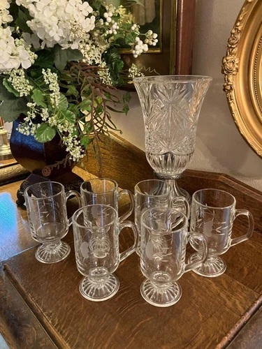 SIX VINTAGE~PRINCESS HOUSE HERITAGE PEDESTAL IRISH COFFEE MUGS ETCHED GLASS #219