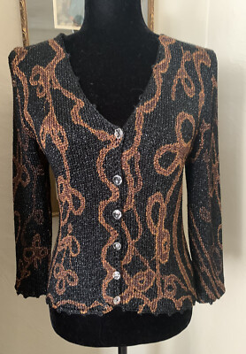 ELARIS-Vtg. Black-Copper Metallic Design-Crystal Button-Cardigan Sweater-Sz.L