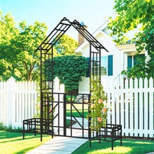 Metal Garden Arch w/Gate Planter for Outdoor Climbing Plants Support Rose Arch