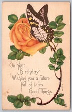 Postcard: Birthday, Rose, Butterfly, #700, H. Nyce, Made In USA, Posted 1953