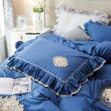 2X Ruffled Cotton Pillowcases Embroidered Lace Applique Bedding Pillow Case Home
