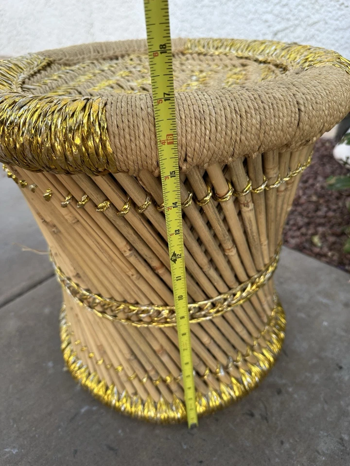 Vintage Gold Embellished Jute & Pencil Reed Stool or Side Drinks Table - Image 4 of 4