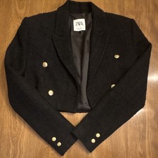 ZARA Women's Black Cropped Jacket Lined Gold Button Accents Long Sleeve XS