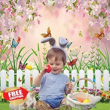 INRUI Easter Garden Backdrop Green Grass Lawn Butterfly Fence 6x8FT