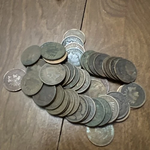 Roll of 50 Coins Mixed Indian Head Cent Pennies in Few Good/ AG/ WORN condition!