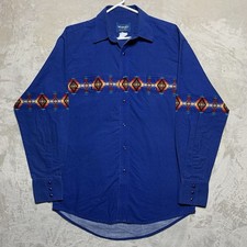 Vintage 90s Wrangler Western Shirt Large Blue Southwestern Aztec Pearl Snap