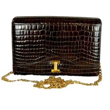 VTG Bienen-Davis Purse Brown Croc Embossed Leather Gold Hardware Hollywood Glam