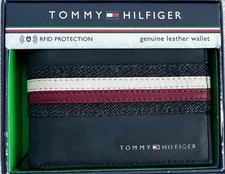 Tommy Hilfiger Men's Denim Stripe Overlay Genuine Leather Passcase Wallet Navy