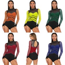Women Jumpsuit Mesh Patchwork Romper Rhinestone Unitard Gymnastics Back Cutout