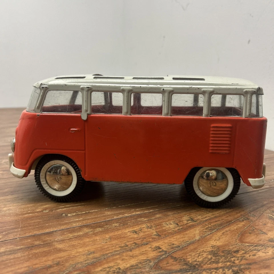1960s BUDDY L VW BUS Van WHITE AND Coral ORANGE Pressed Steel Plastic *Read* - Image 3 of 4