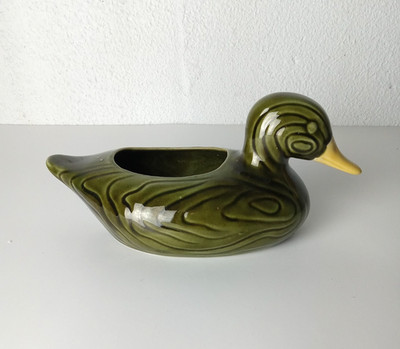Vintage Ceramic Duck Planter F.T.D.A 1981 Made in USA Green Duck