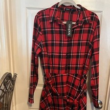 Boohoo Plus Red Plaid Tie Waist Shirt Skater Dress Long Sleeve US 14 NWT