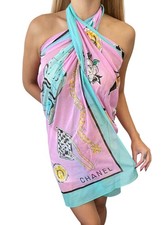 CHANEL Vintage 1994 CC Logo Wrap Scarf Pareo Pink Blue Cotton Camellia