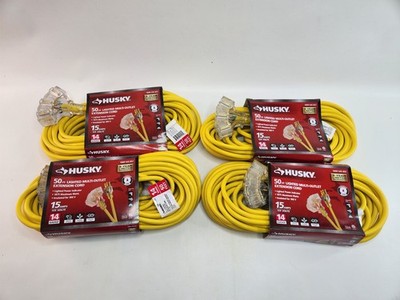 (4) Husky 50' ft 14/3 Indoor/Outdoor Extension Cord Triple Outlet Yellow 1875w