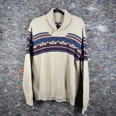 Gap Sweater Mens XL Shawl Neck Fair Isle Oatmeal Preppy Nordic Stripe Pullover