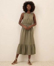 Pact Organic Cotton Guaze Midi Dress Olive Green Tiered Sleeveless Women Size S