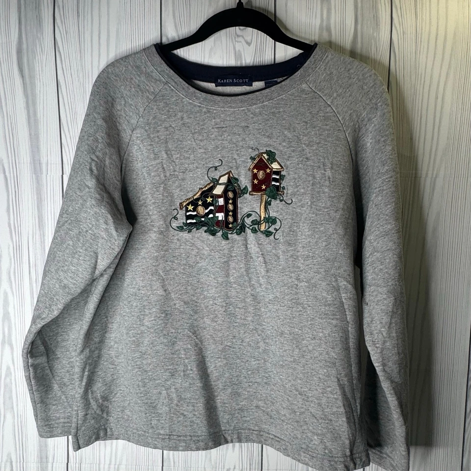 Sudadera De Colección Karen Scott Para Mujer L Gris Patriótica Americana Y2k Foto 2 de 4