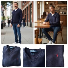 VTG POLO Ralph Lauren V-Neck Sweater Pullover Men s Large Blue 100 Cotton Red