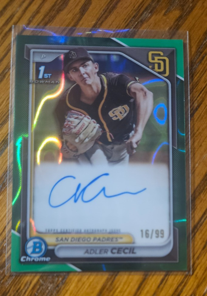 Adler Cecil 1st Auto -2024 Bowman Chrome Green Lava Refactor #/99 CPA-CA -Padres