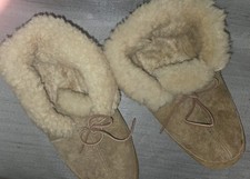 Vintage Shearling Moccasin Slippers Soft Leather Sole Cabin Distressed Men 12 13