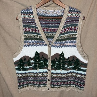 North Crest Vintage Scenic Mountain Fair Isle Knit Sweater Vest XL Green Brown